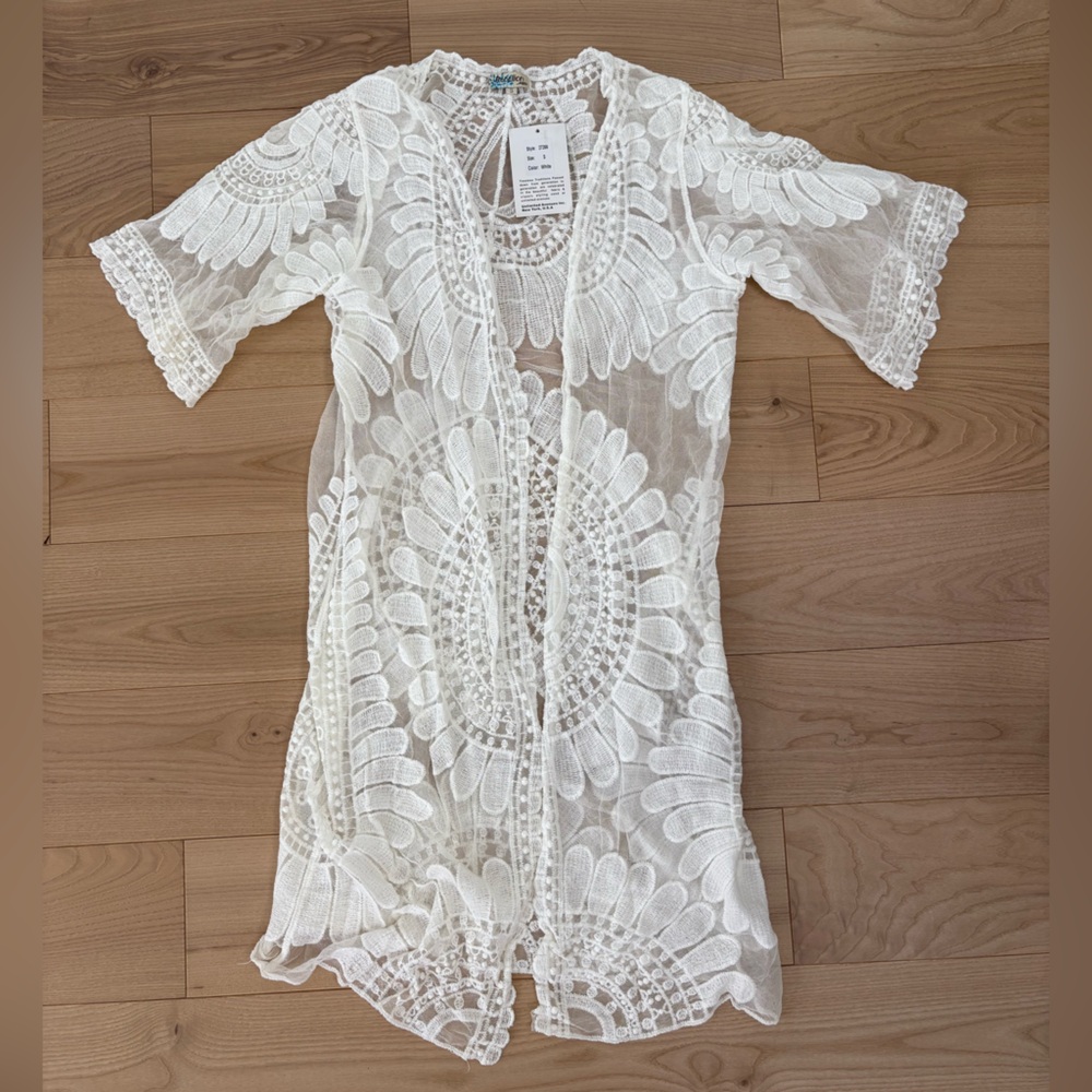 White Lace Floral Kimono Coverup